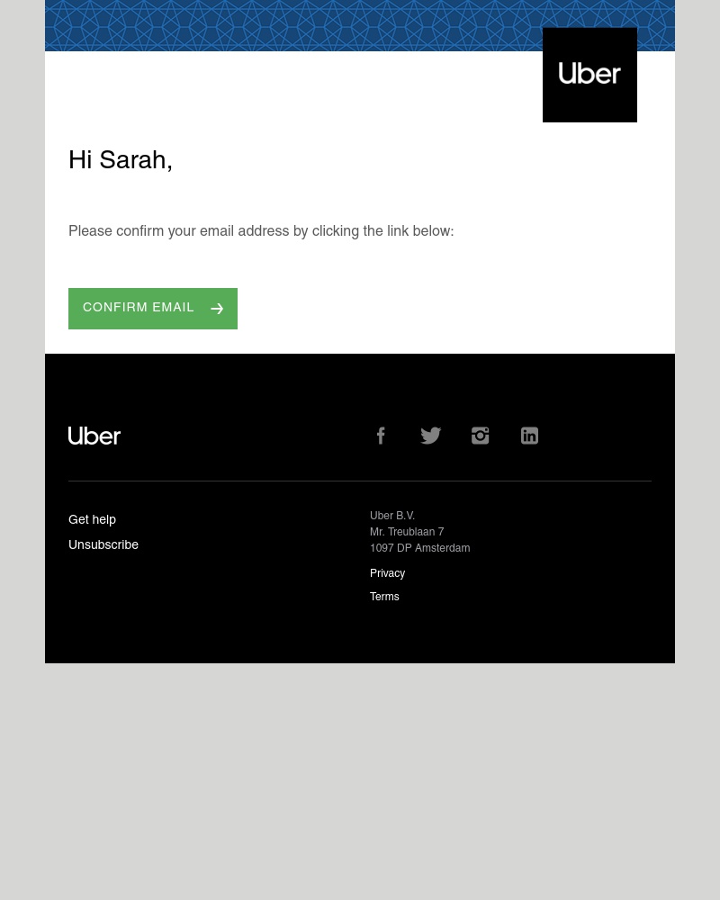 Screenshot of email sent to a Uber Registered user