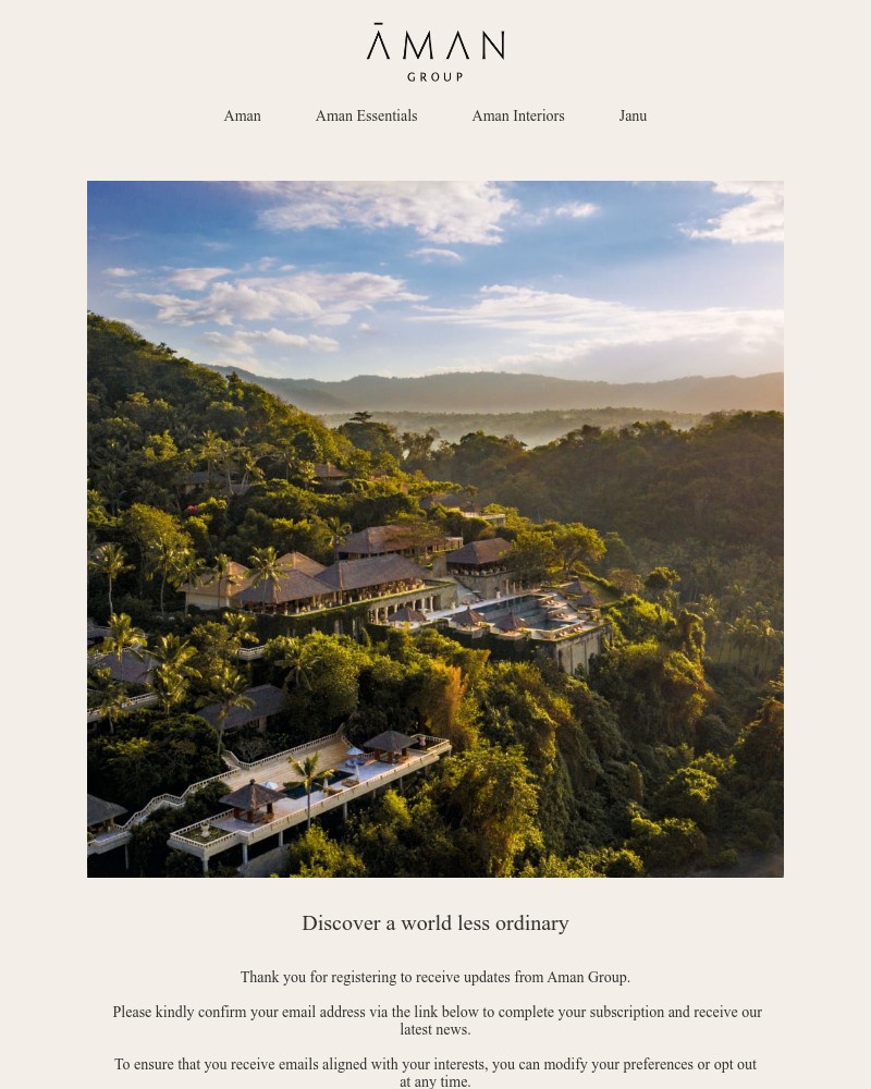 Screenshot of email sent to a Aman Resorts Newsletter subscriber