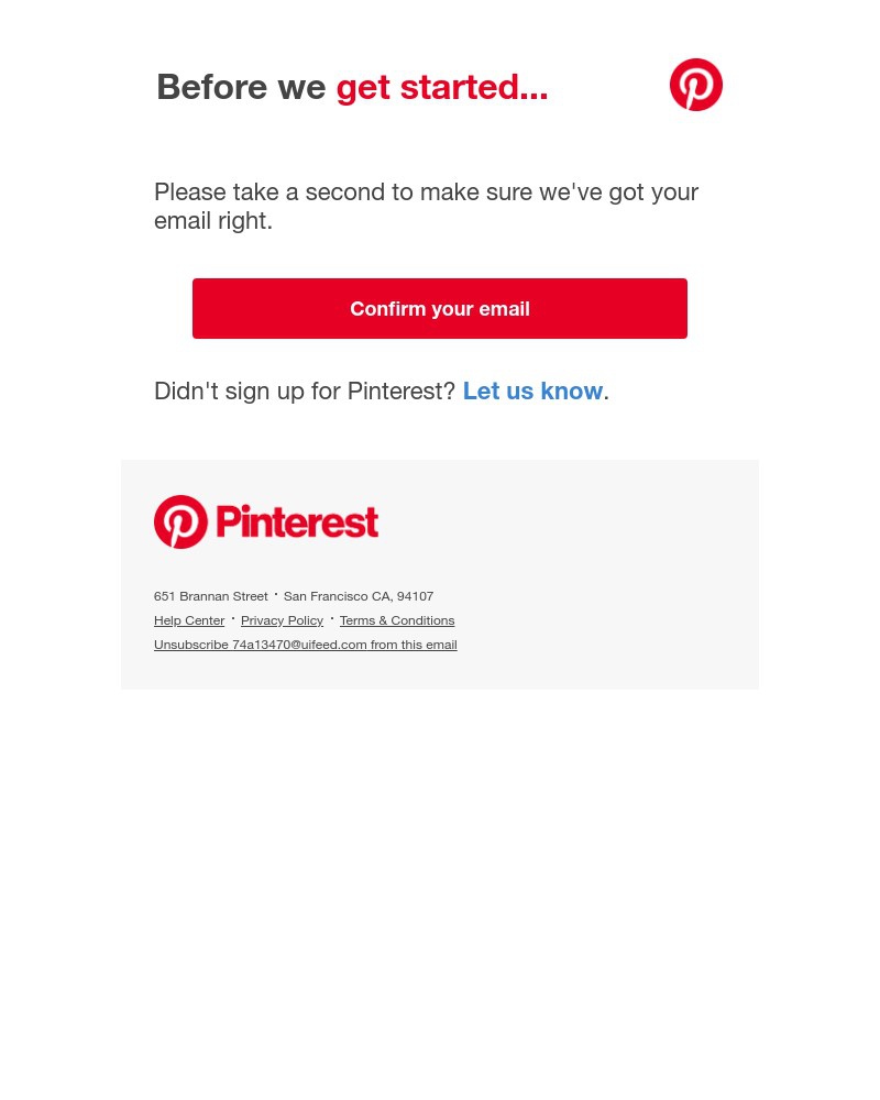Screenshot of email sent to a Pinterest Registered user