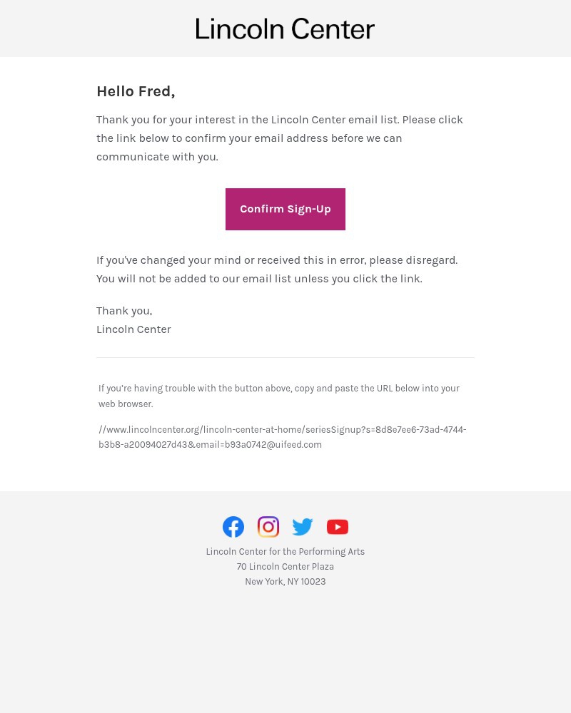 Screenshot of email sent to a Lincoln Center for the Performing Arts Newsletter subscriber