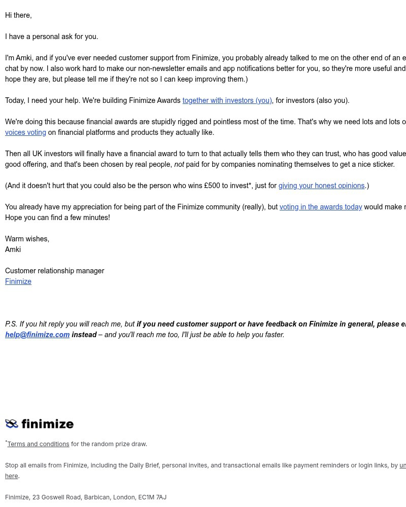 Screenshot of email sent to a Finimize Registered user