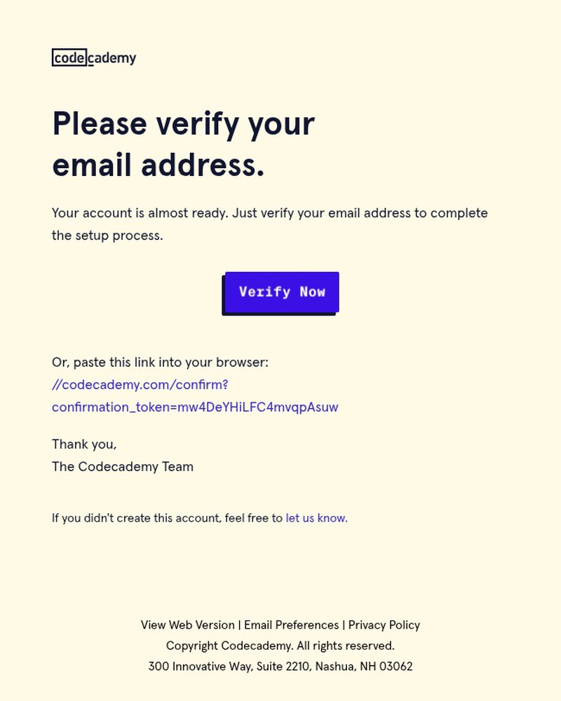 Screenshot of email sent to a Codecademy Registered user