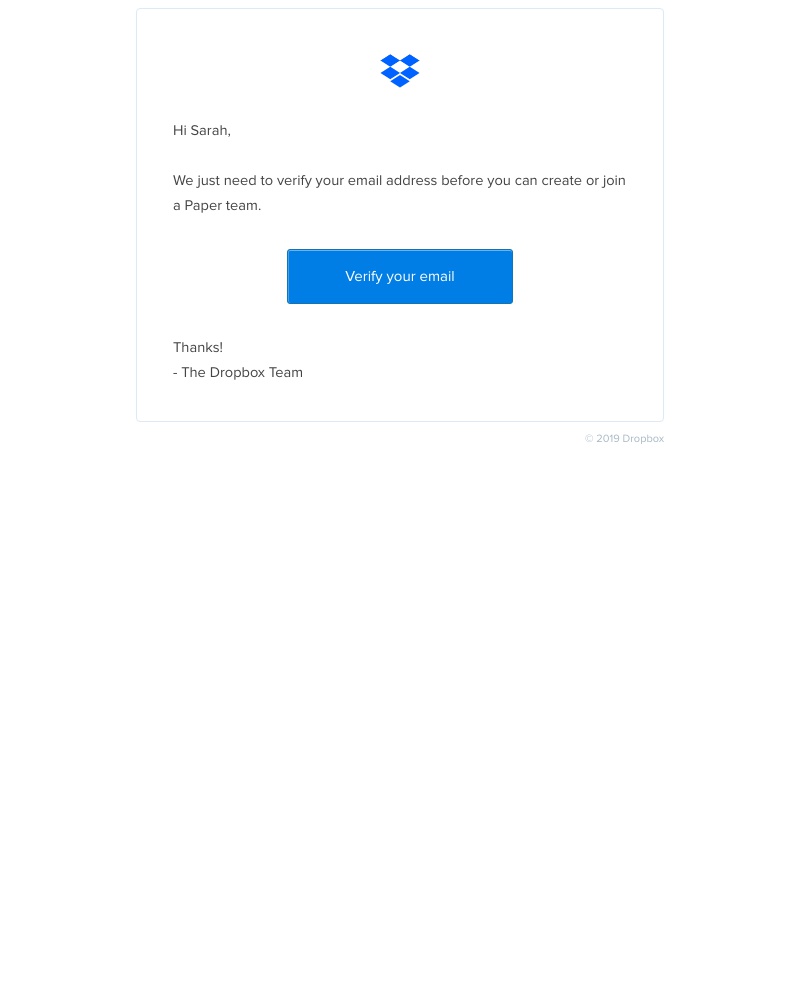Screenshot of email sent to a Dropbox Paper Registered user