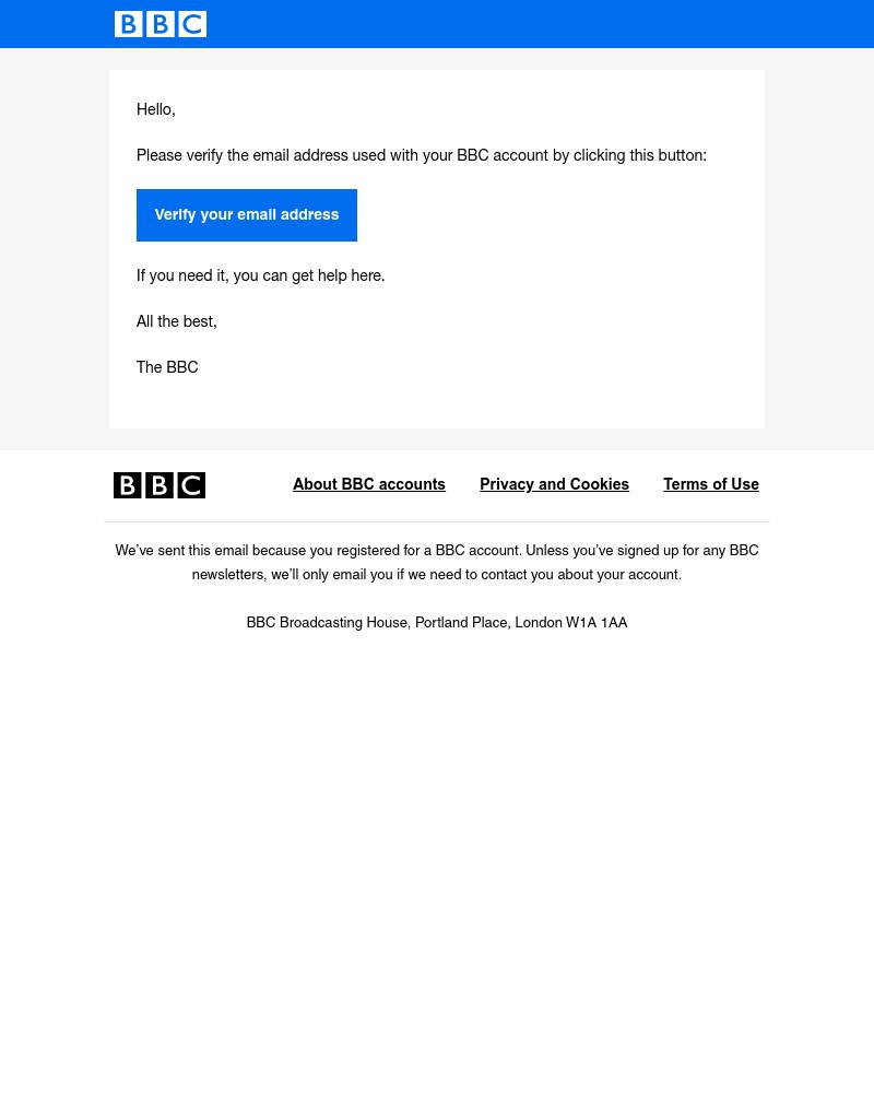 Screenshot of email sent to a BBC iPlayer Registered user