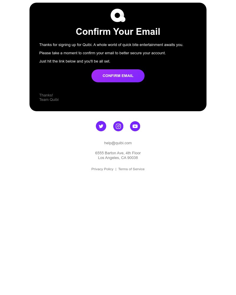 Screenshot of email sent to a Quibi Trial user