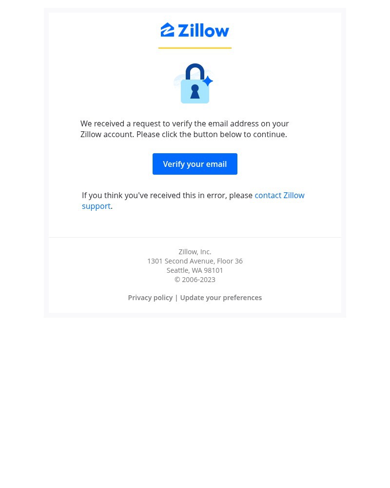 Screenshot of email sent to a Zillow Registered user