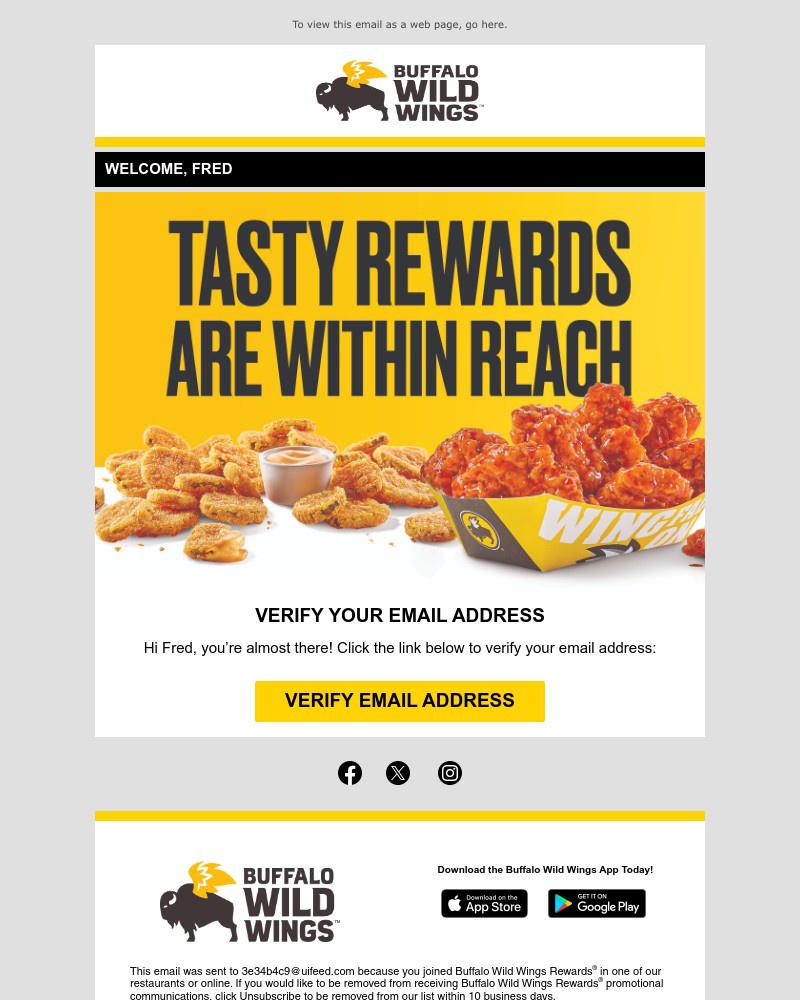 Screenshot of email sent to a Buffalo Wild Wings Registered user