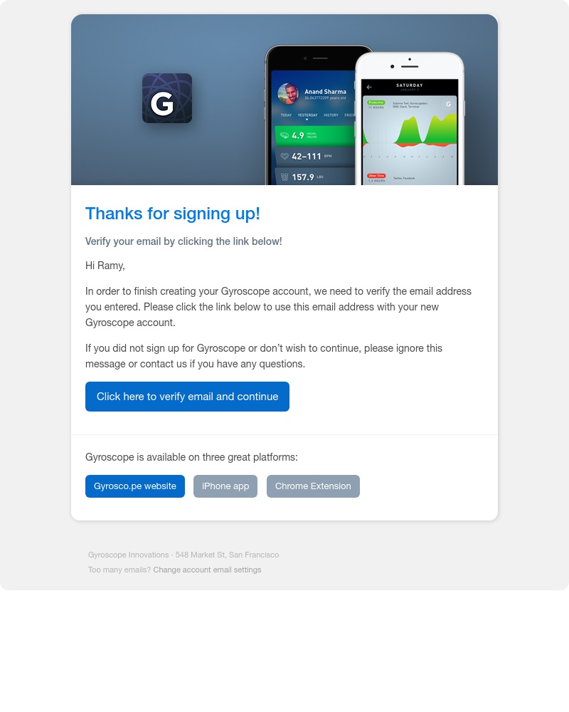 Screenshot of email sent to a Gyroscope Registered user