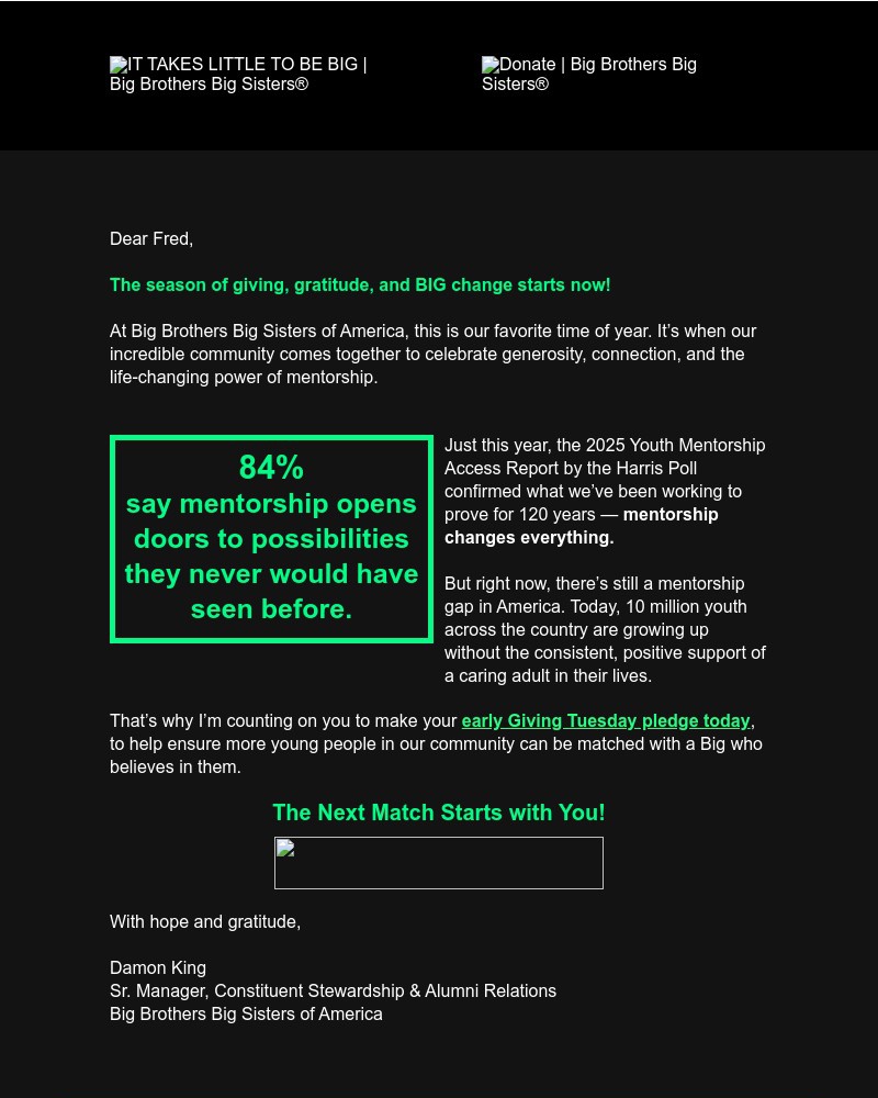 Screenshot of email sent to a Big Brothers Big Sisters of America Newsletter subscriber