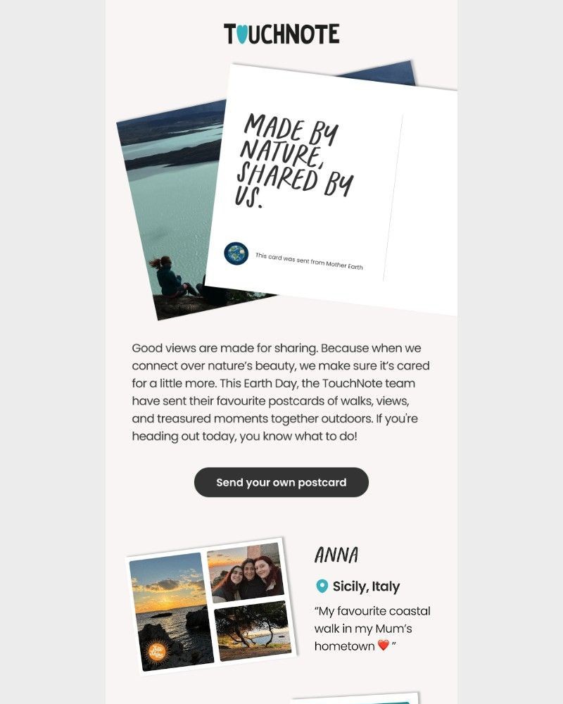 Screenshot of email sent to a TouchNote Customer