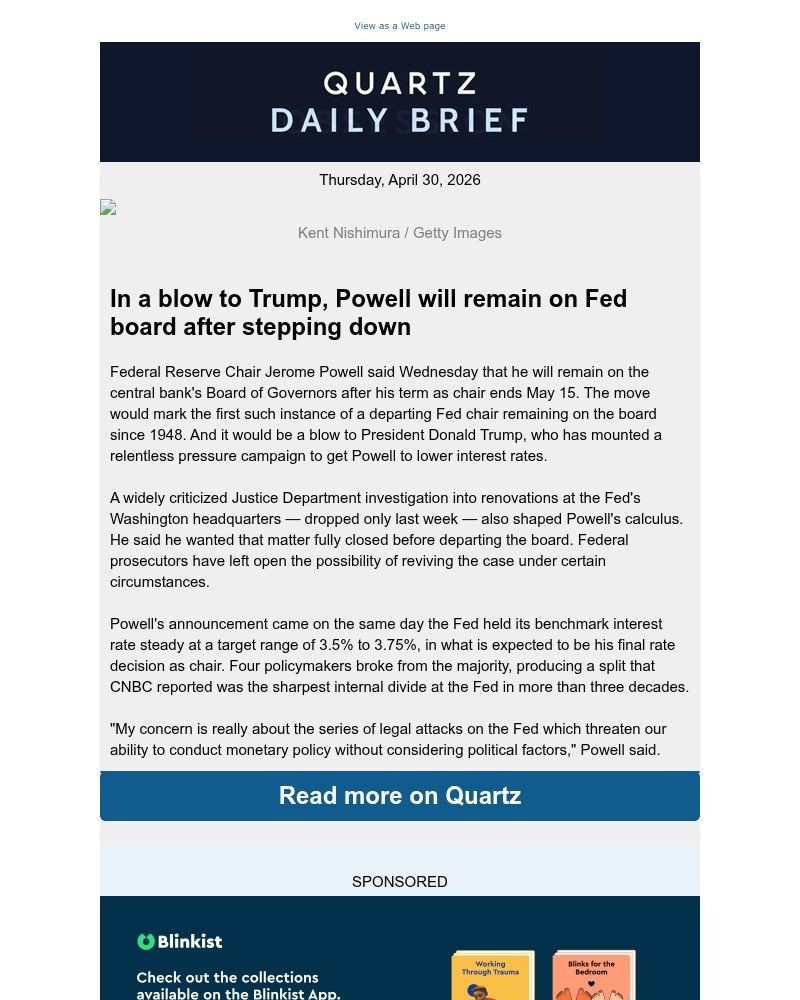 Screenshot of email sent to a Quartz Newsletter subscriber