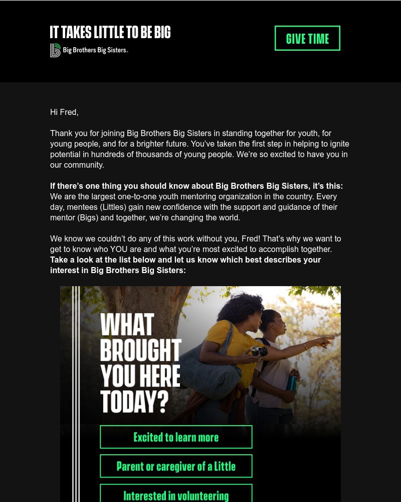 Screenshot of email sent to a Big Brothers Big Sisters of America Newsletter subscriber
