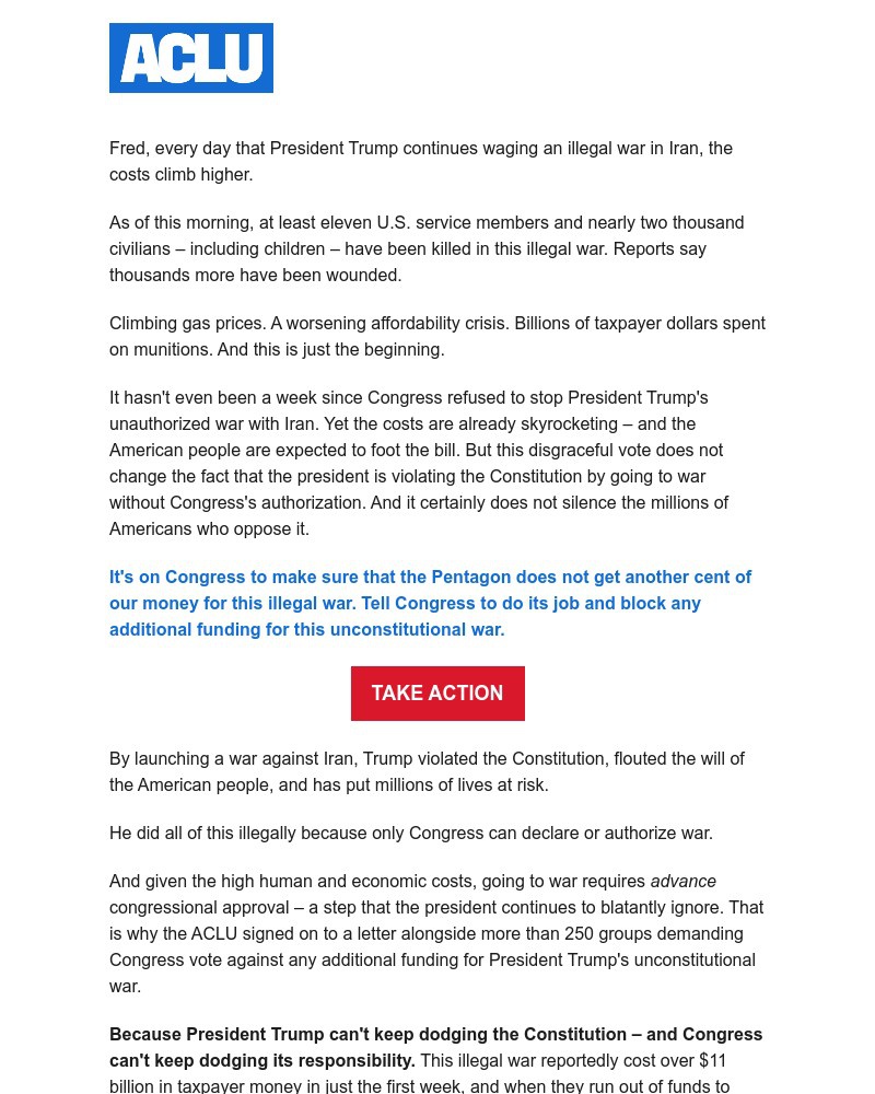 Screenshot of email sent to a American Civil Liberties Union Newsletter subscriber