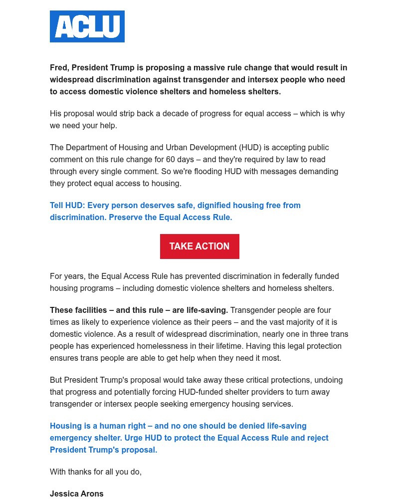 Screenshot of email sent to a American Civil Liberties Union Newsletter subscriber