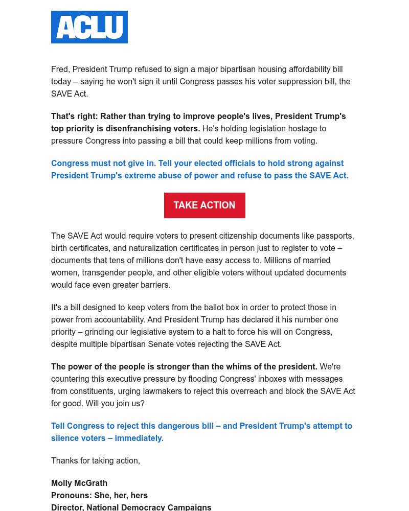 Screenshot of email sent to a American Civil Liberties Union Newsletter subscriber