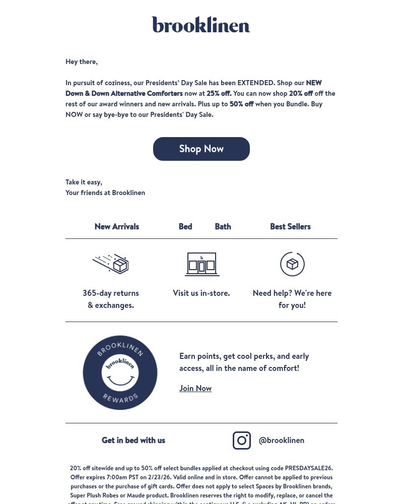 Screenshot of email sent to a Brooklinen Newsletter subscriber