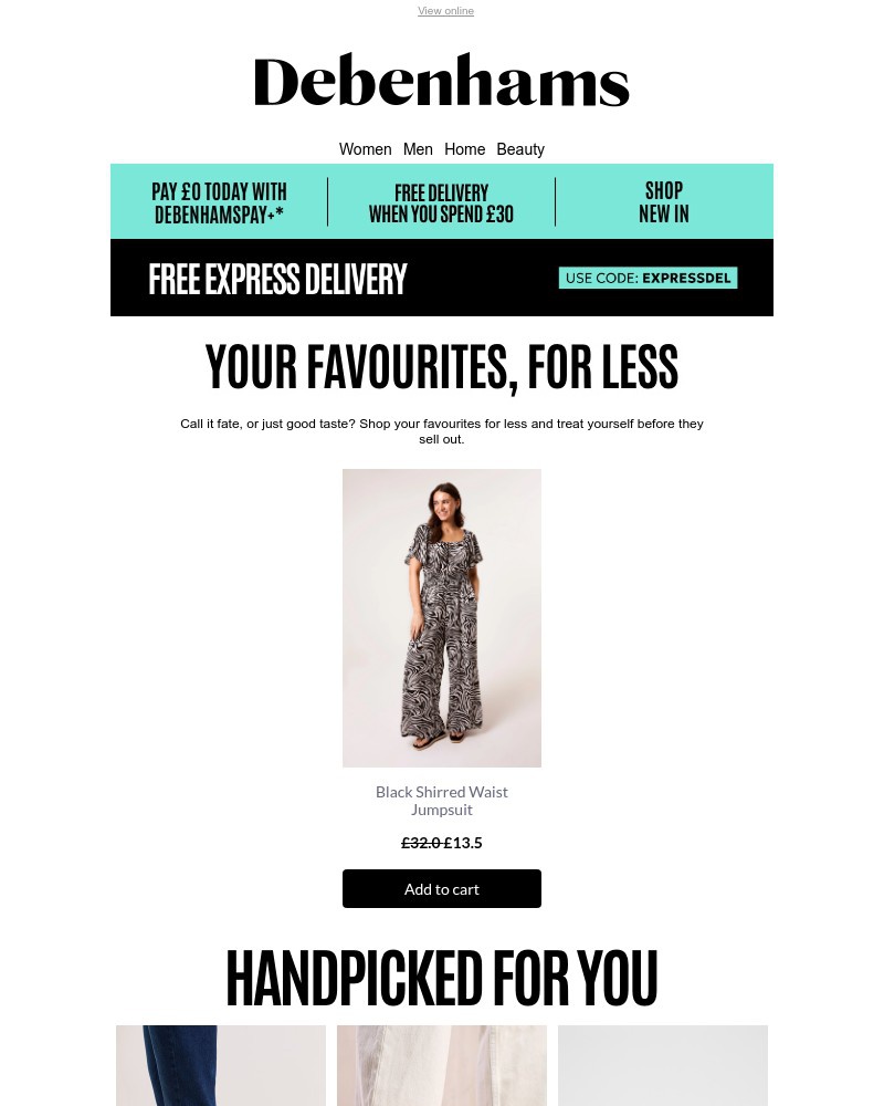 Screenshot of email sent to a Debenhams Newsletter subscriber