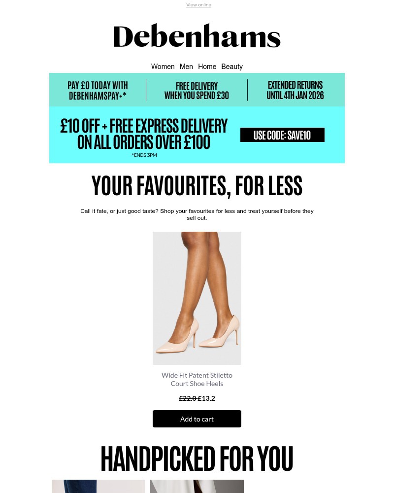 Screenshot of email sent to a Debenhams Newsletter subscriber