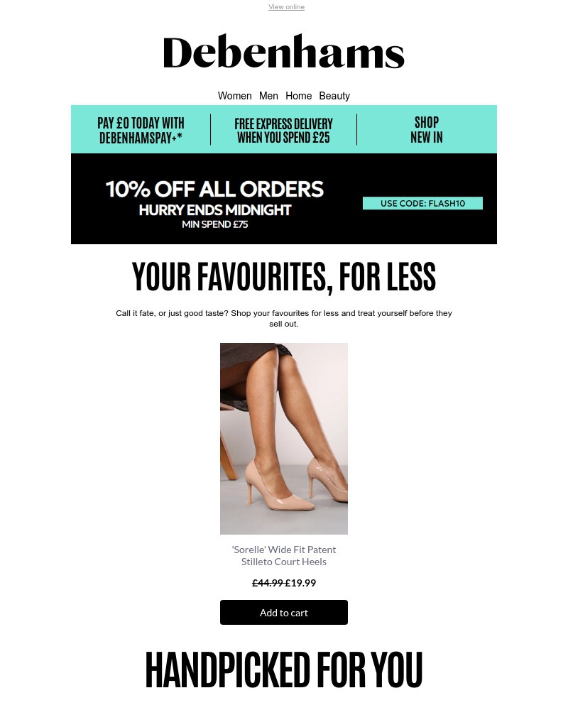 Screenshot of email sent to a Debenhams Newsletter subscriber