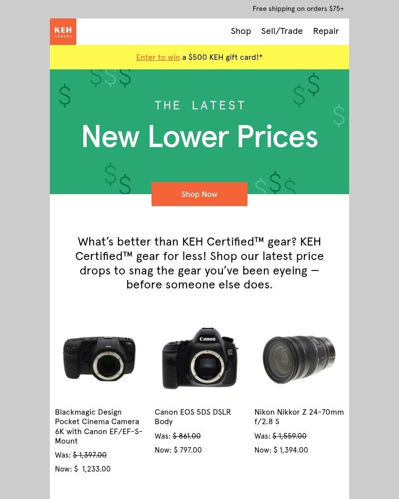 Screenshot of email sent to a KEH Camera Newsletter subscriber