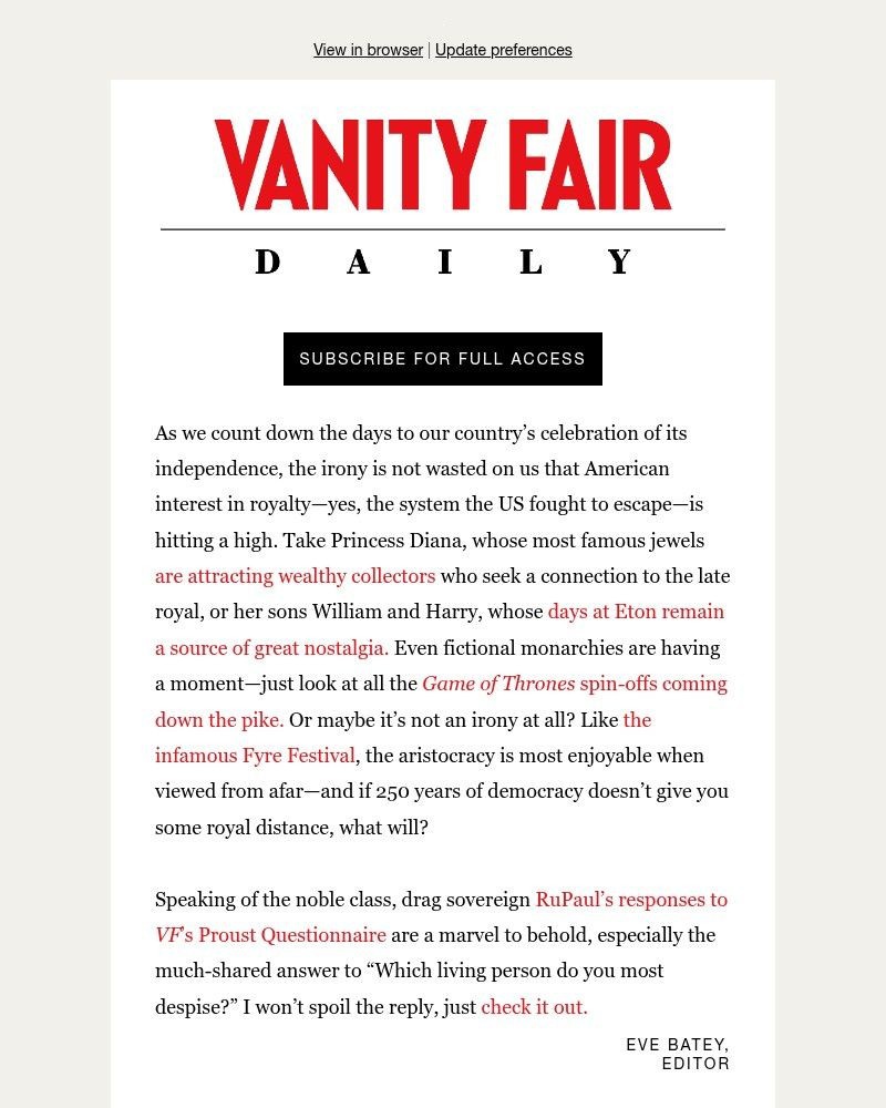 Screenshot of email sent to a Vanity Fair Newsletter subscriber