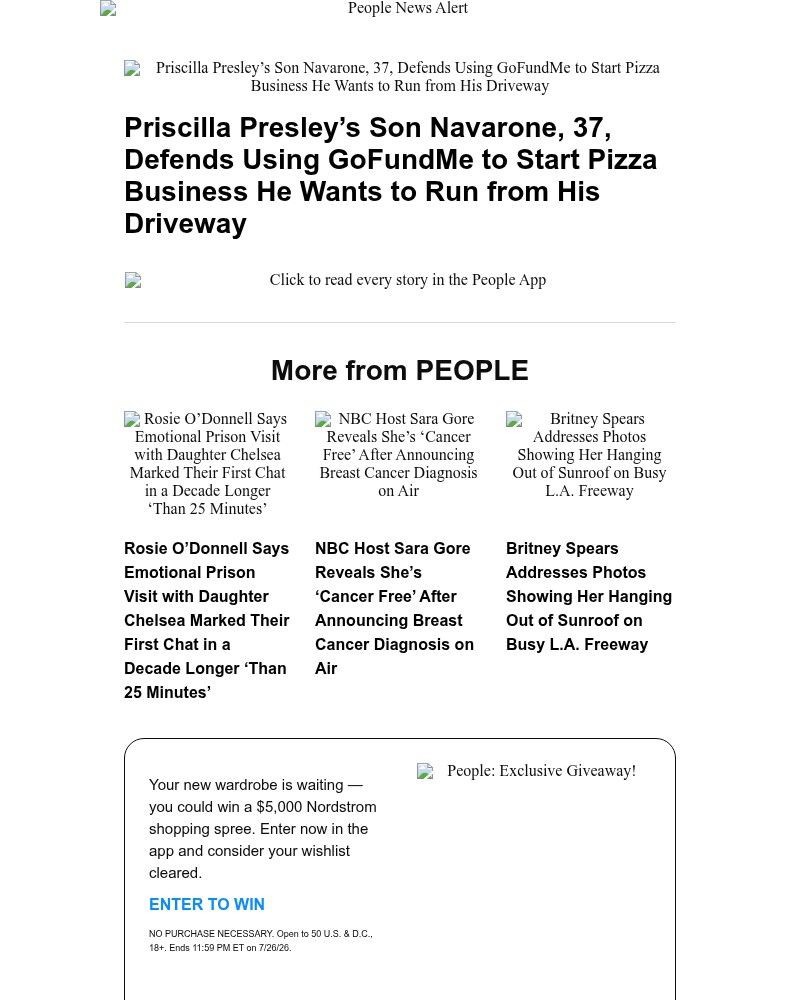 Screenshot of email sent to a People Newsletter subscriber