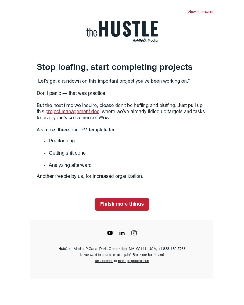 Screenshot of email sent to a The Hustle Newsletter subscriber