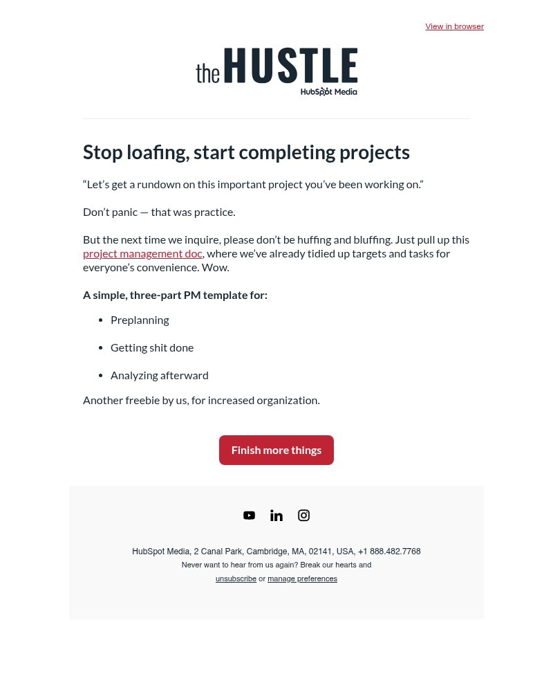 Screenshot of email sent to a The Hustle Newsletter subscriber