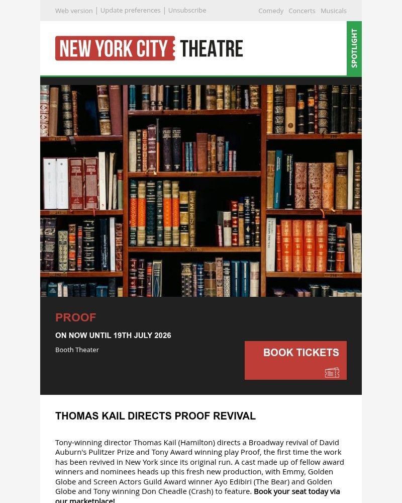 Screenshot of email sent to a New York City Theatre Newsletter subscriber
