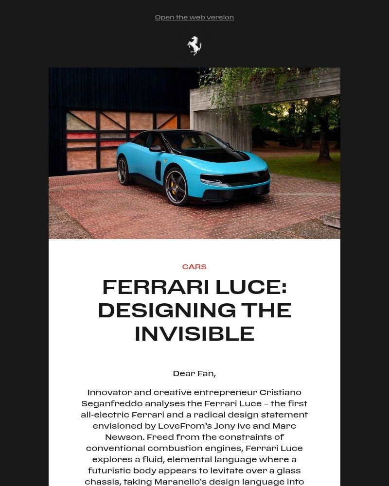 Screenshot of email sent to a Ferrari Newsletter subscriber