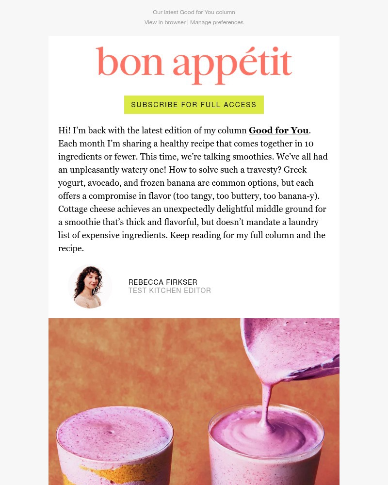 Screenshot of email sent to a Bon Appétit Newsletter subscriber
