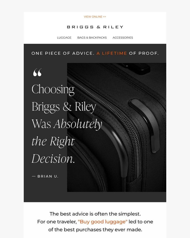 Screenshot of email sent to a Briggs & Riley Newsletter subscriber