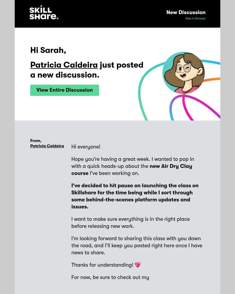 Screenshot of email sent to a Skillshare Registered user