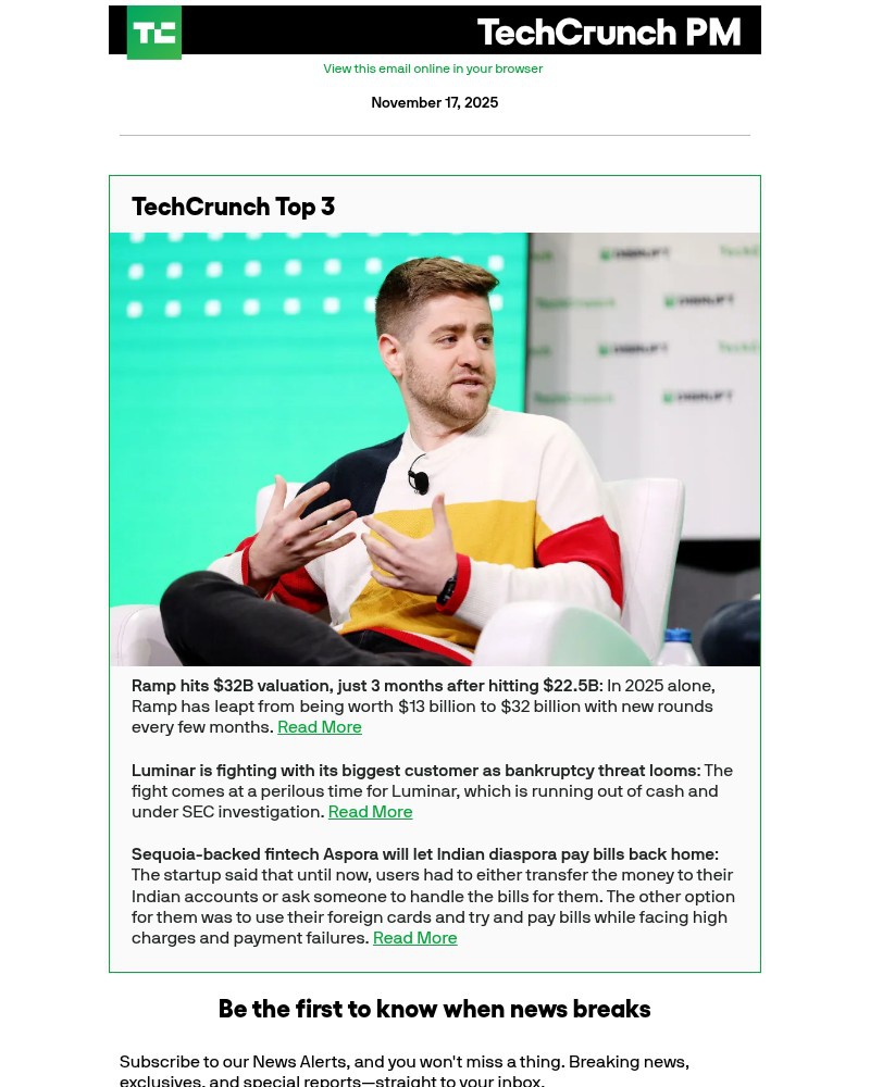 Screenshot of email sent to a Techcrunch Newsletter subscriber