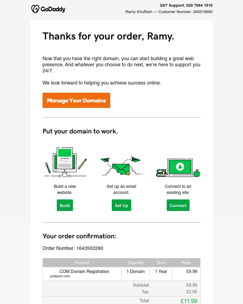Screenshot of email sent to a GoDaddy Customer