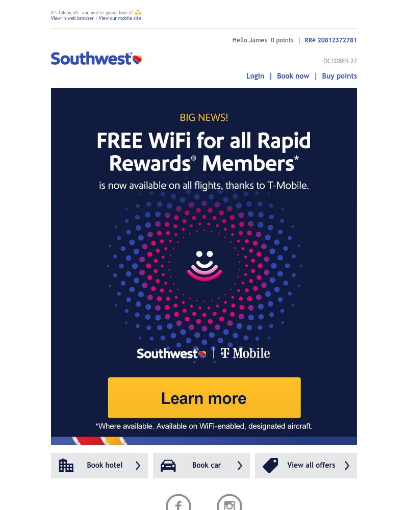 Screenshot of email sent to a Southwest Registered user