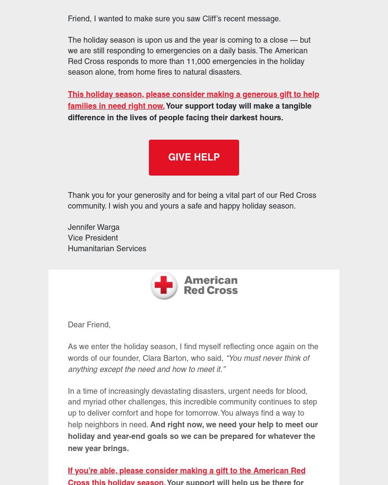 Screenshot of email sent to a American Red Cross Newsletter subscriber