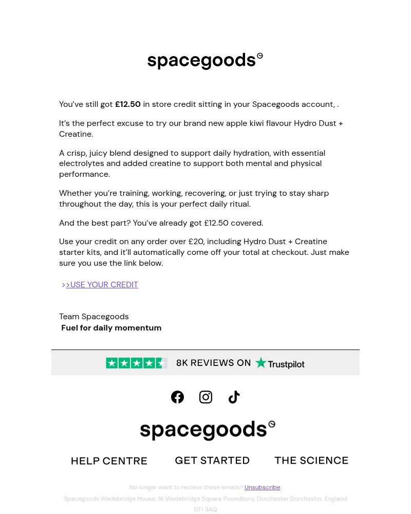 Screenshot of email sent to a Spacegoods Newsletter subscriber