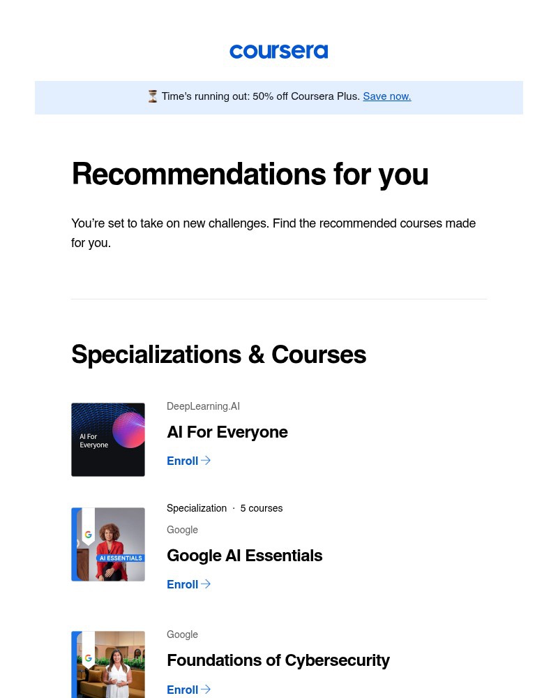 Screenshot of email sent to a Coursera Registered user