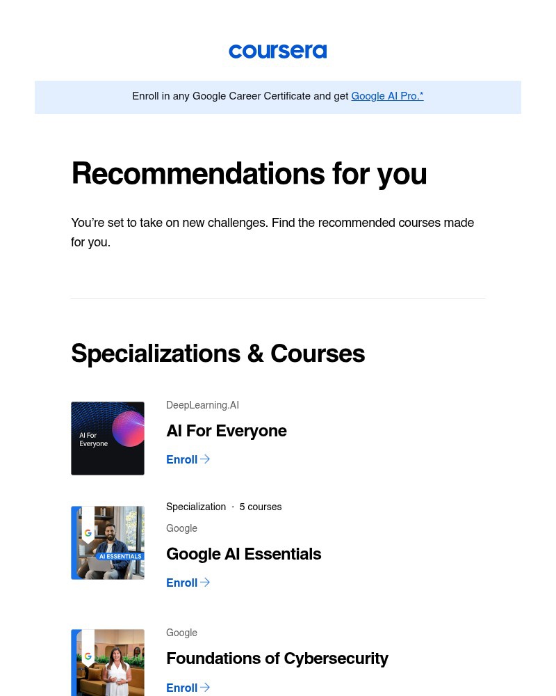 Screenshot of email sent to a Coursera Registered user