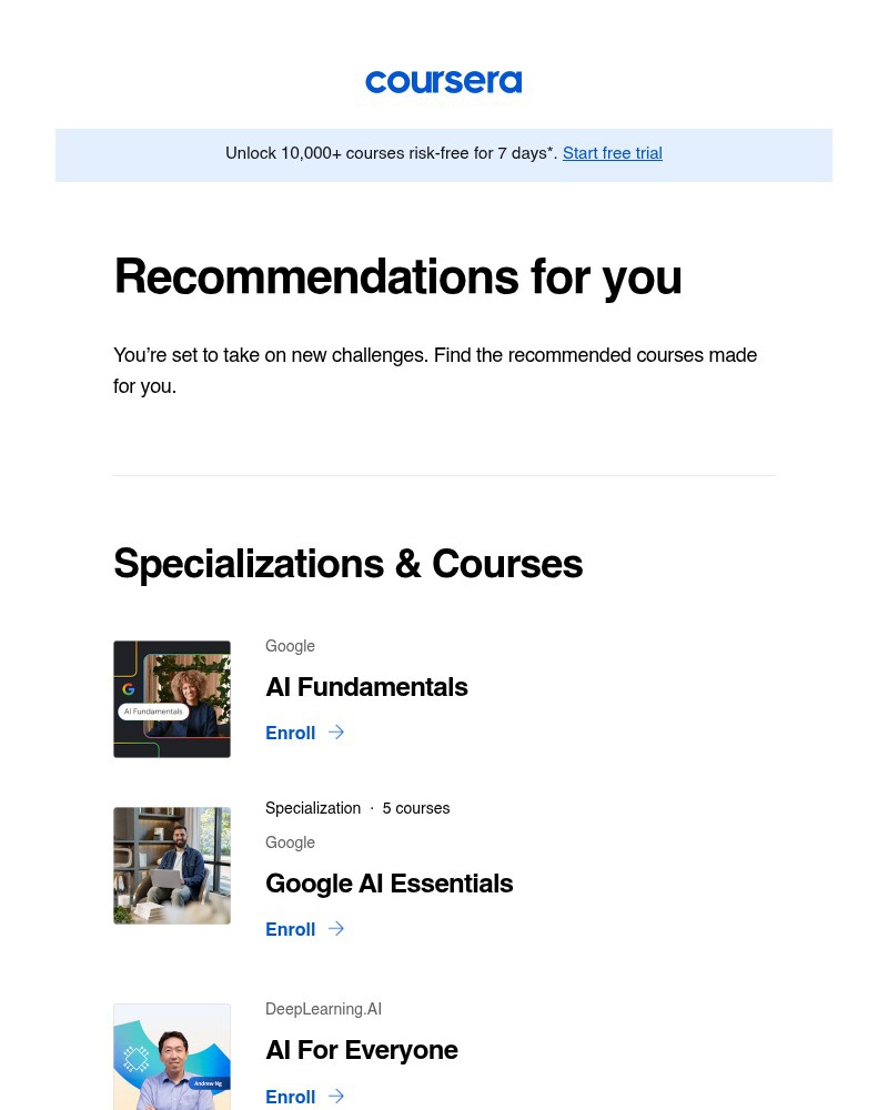 Screenshot of email sent to a Coursera Registered user