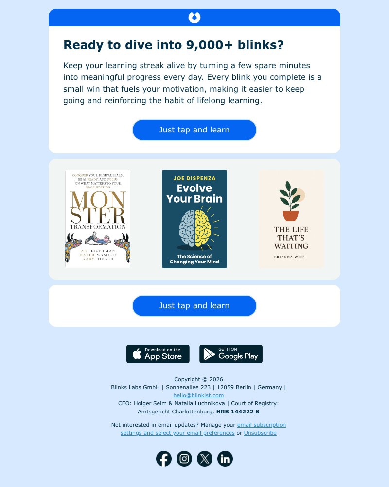 Screenshot of email sent to a Blinkist Registered user