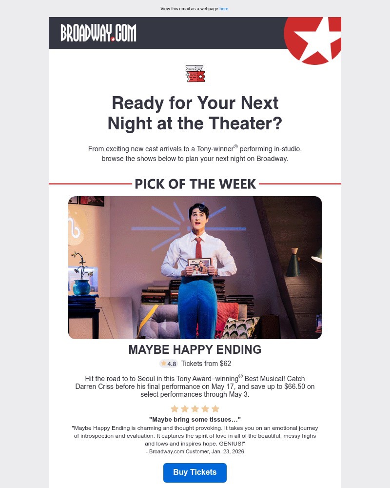 Screenshot of email sent to a Broadway NYC Newsletter subscriber