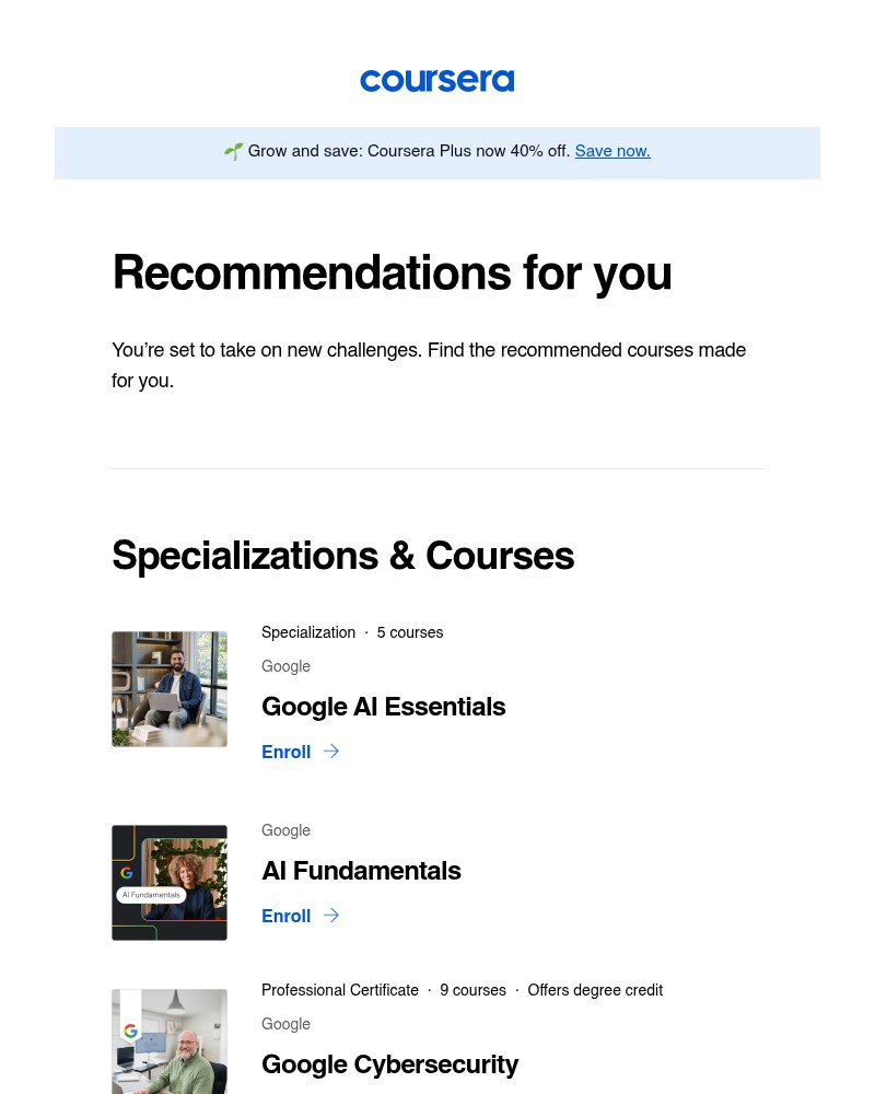 Screenshot of email sent to a Coursera Registered user