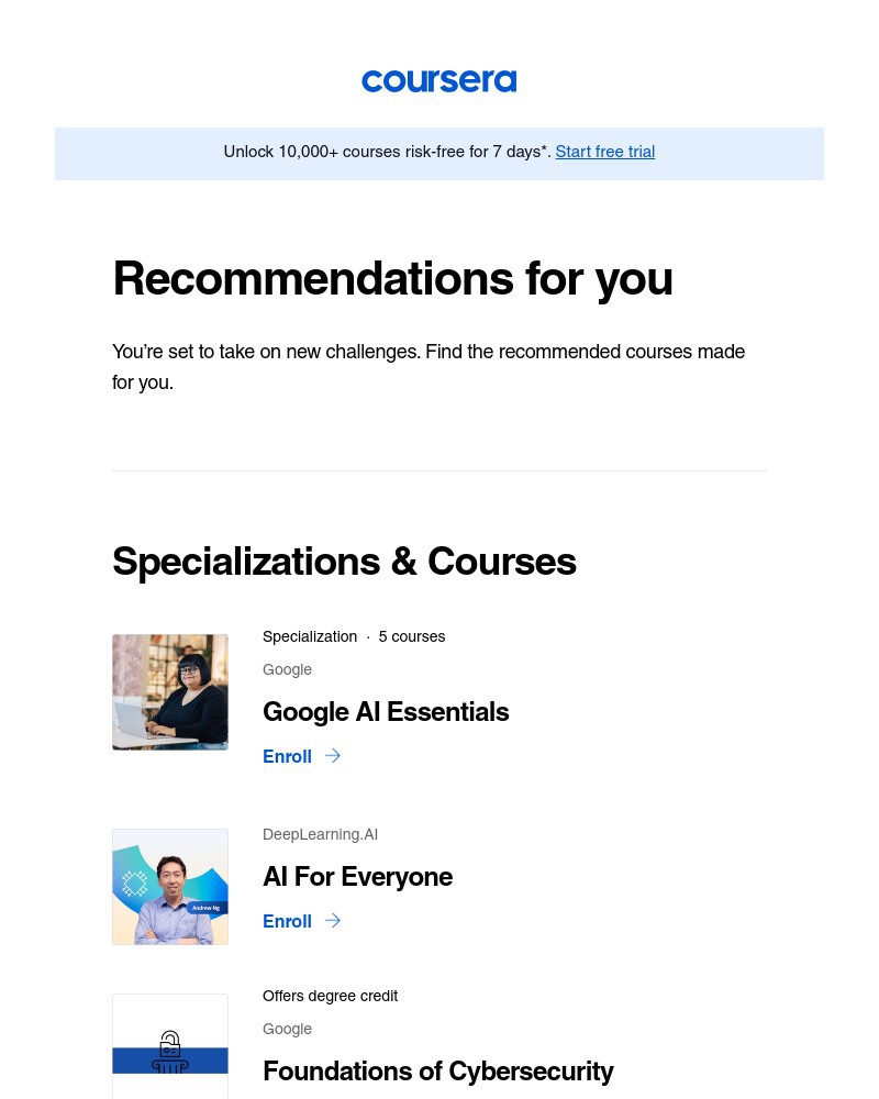 Screenshot of email sent to a Coursera Registered user