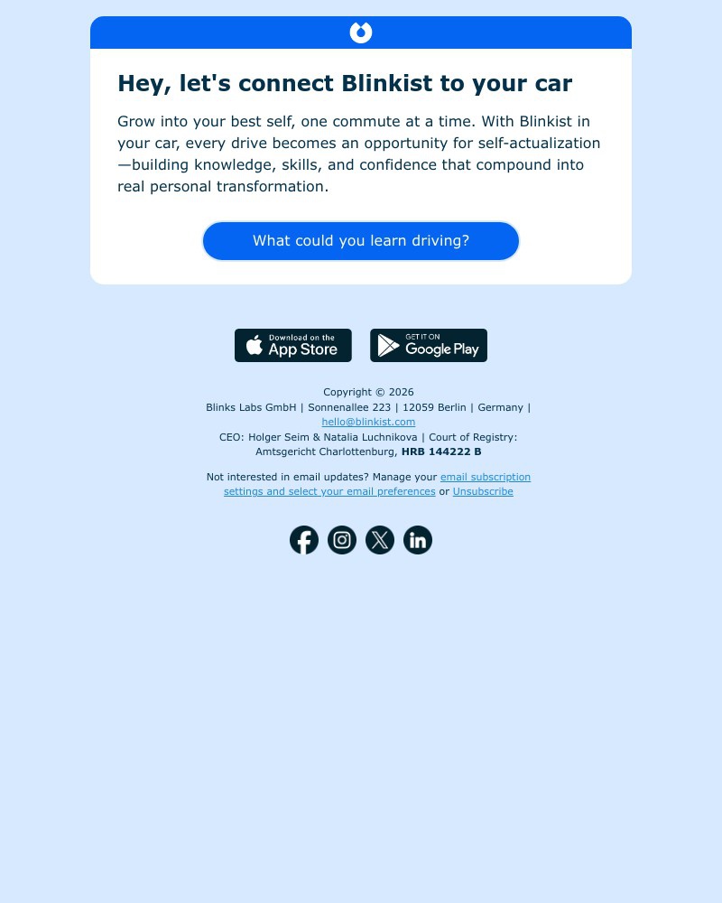 Screenshot of email sent to a Blinkist Registered user