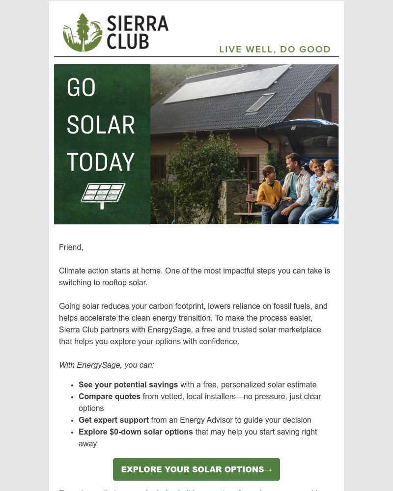 Screenshot of email sent to a Sierra Club Newsletter subscriber