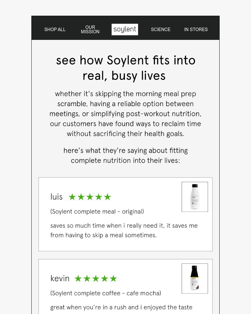 Screenshot of email sent to a Soylent Newsletter subscriber