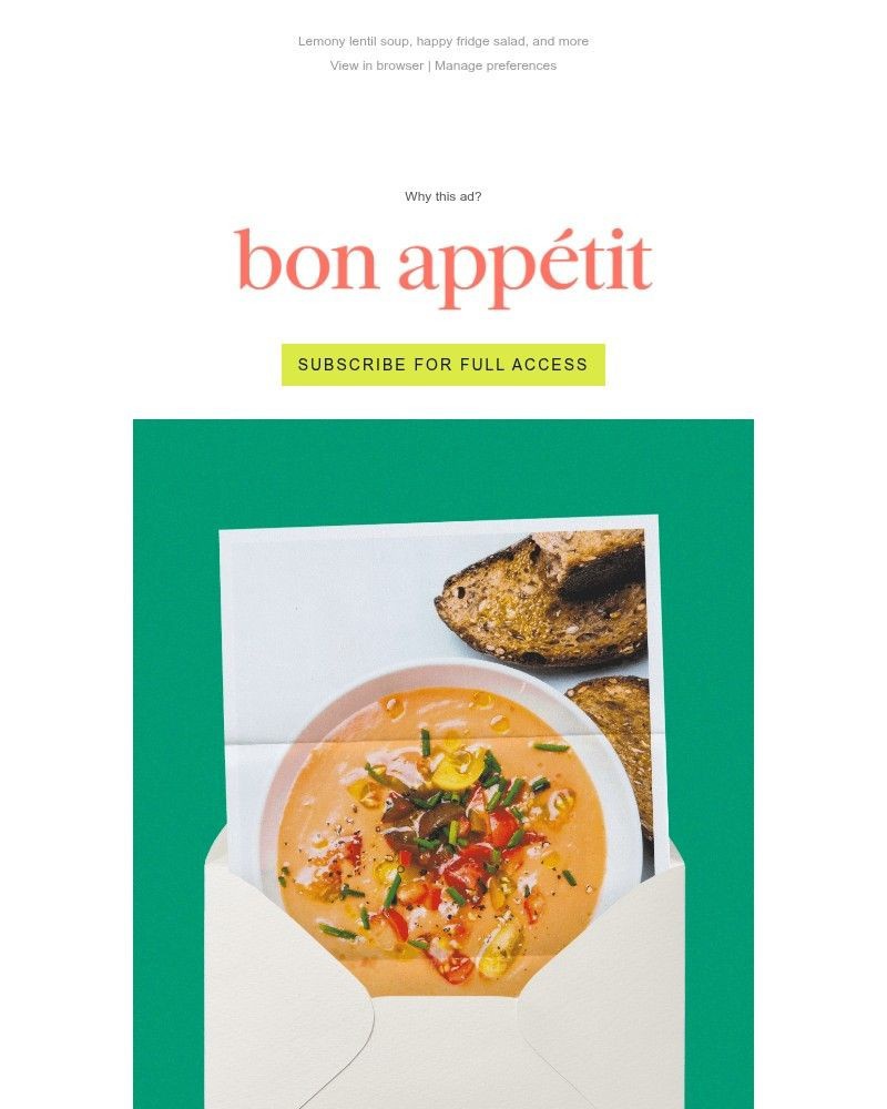 Screenshot of email sent to a Bon Appétit Newsletter subscriber