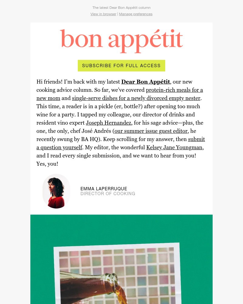 Screenshot of email sent to a Bon Appétit Newsletter subscriber